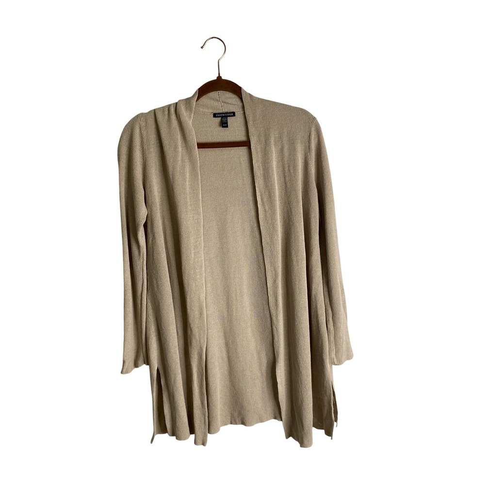 Eileen Fisher Linen Cotton Ribbed Open Cardigan Sweater Beige XS Minimalist
